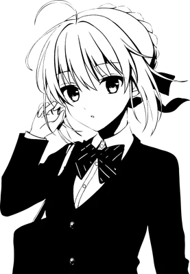 Hình ảnh cô gái anime tóc ngắn, đeo nơ, mặc đồng phục học sinh, tay chạm vào tóc.