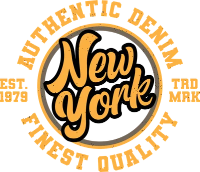 Thiết kế chữ New York màu cam vàng với viền đen, bao quanh bởi dòng chữ Authentic Denim Finest Quality phong cách vintage.