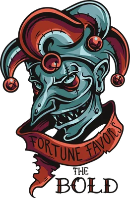 Hình minh họa chú hề Jester phong cách đường phố với dòng chữ Fortune Favors The Bold