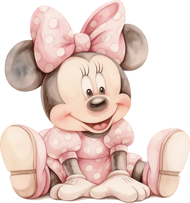 Hình ảnh Minnie Mouse hoạt hình dễ thương ngồi, mặc váy hồng chấm bi và nơ hồng, phong cách màu nước.