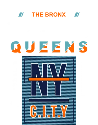 Thiết kế đồ họa chữ NY City với tên các quận New York như The Bronx, Queens, Brooklyn, Manhattan, Staten Island trên nền xám và xanh.
