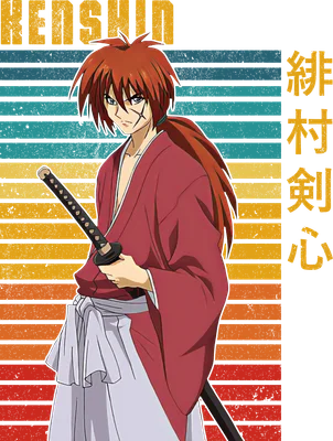 Hình ảnh Kenshin Himura, nhân vật anime nổi tiếng, với vết sẹo chữ X trên mặt, mặc kimono đỏ, cầm kiếm, trên nền sọc ngang màu retro.