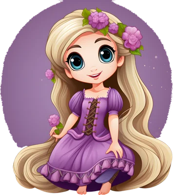 Hình minh họa cô gái hoạt hình chibi tóc vàng dài, mặc váy tím, cài hoa tím trên tóc, mỉm cười đáng yêu.