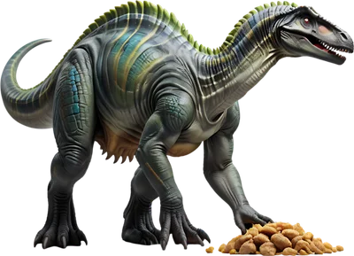 Hình ảnh khủng long Iguanodon 3D chân thực màu xanh xám, vảy xanh biếc và sọc vàng, đang cúi xuống ăn thức ăn.