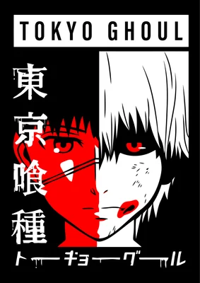 Hình ảnh Kaneki Ken từ Tokyo Ghoul, chia đôi khuôn mặt đỏ và trắng, với chữ Tokyo Ghoul.