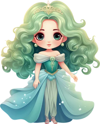 Hình ảnh công chúa chibi dễ thương với mái tóc xanh lá bồng bềnh, đội vương miện vàng, mặc váy xanh ngọc lộng lẫy.