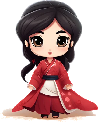 Hình ảnh cô gái chibi dễ thương với mái tóc đen, đôi mắt to tròn, mặc trang phục truyền thống màu đỏ có họa tiết hoa anh đào.