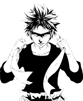 Hình vẽ anime đen trắng một chàng trai với mái tóc dựng đứng, đeo băng đô, tay kéo dải băng trắng hai bên.