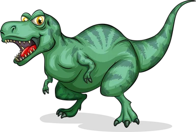 Hình ảnh minh họa khủng long bạo chúa T-Rex màu xanh lá với hàm răng sắc nhọn và ánh mắt hung dữ.