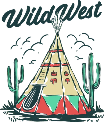 Hình minh họa lều tipi phong cách Wild West với xương rồng, chim và chữ 'Wild West' trên nền xám.