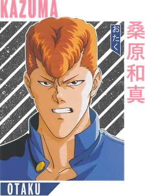 Hình ảnh nhân vật anime Kazuma với mái tóc cam, biểu cảm cau mày, mặc áo xanh.
