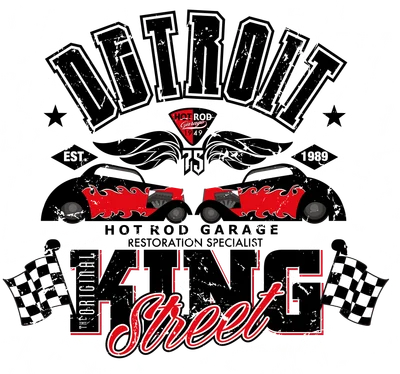 Logo Detroit Hot Rod Garage với hai chiếc xe cổ điển đỏ đen, cờ kẻ ca rô, và chữ Lane Street, phong cách retro Americana