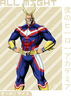 Hình ảnh All Might, nhân vật anime nổi tiếng, trong bộ trang phục anh hùng màu xanh, đỏ, trắng và vàng.