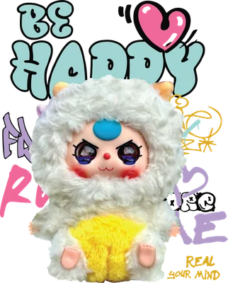 Hình ảnh búp bê lông xù trắng vàng dễ thương với đôi mắt to, má hồng và chữ 'Be Happy' phong cách graffiti trên nền xám.