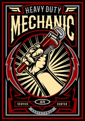Hình minh họa bàn tay nắm chặt cờ lê phong cách cổ điển với dòng chữ Heavy Duty Mechanic