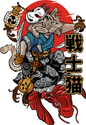 Hình ảnh minh họa mèo đội mặt nạ Kitsune, mặc trang phục samurai, cầm kiếm, bên cạnh là cá chép đỏ và đèn lồng Nhật Bản.