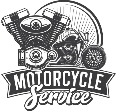 Hình minh họa động cơ xe máy và xe mô tô cổ điển màu xám trắng, với chữ 'MOTORCYCLE Service' trên banner.