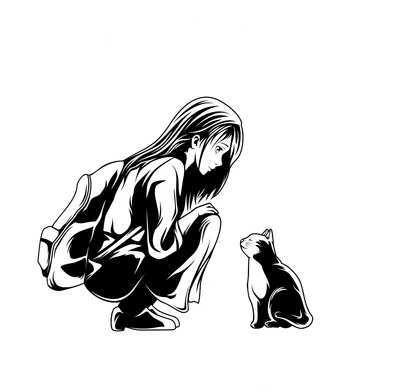 Hình minh họa cô gái đang cúi người nhìn chú mèo, phong cách anime, có chữ 'GIRL AND CAT'