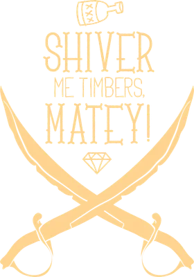 Hình ảnh cướp biển với dòng chữ "Shiver me timbers, matey!", hai thanh kiếm bắt chéo và một viên kim cương.