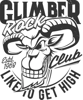 Hình in mascot đầu dê núi sừng lớn, răng nhe, phong cách hoạt hình vintage với chữ 'Climber Rock Club'.
