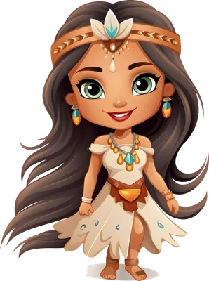 Hình ảnh cô gái hoạt hình chibi dễ thương, tóc dài, mắt xanh, mặc váy trắng thổ dân và trang sức truyền thống.