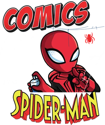 Hình ảnh Spider-Man chibi đang cầm bình xịt sơn, với chữ "COMICS" và "SPIDER-MAN" bên dưới, phong cách truyện tranh.
