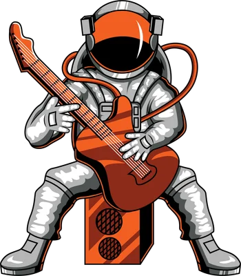 Hình vẽ phi hành gia mặc bộ đồ không gian màu xám và cam, đang ngồi chơi guitar điện màu cam trên một chiếc loa.
