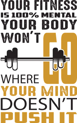 Hình ảnh động lực tập luyện với tạ và câu nói 'Your fitness is 100% mental, your body won't go where your mind doesn't push it'.