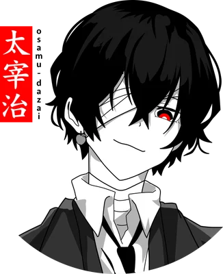 Hình vẽ anime nam với mái tóc đen, băng đô trên mắt, đôi mắt đỏ rực và biểu cảm bí ẩn, mặc áo sơ mi trắng và cà vạt.