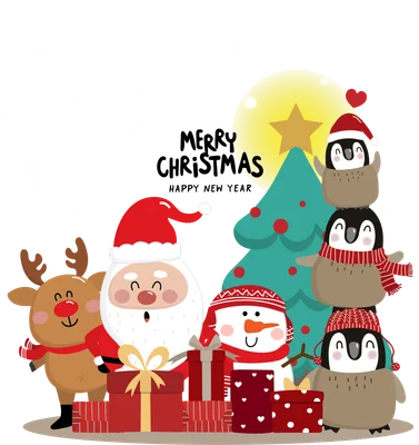 Hình ảnh minh họa Giáng Sinh với Ông Già Noel, tuần lộc, người tuyết và chim cánh cụt vui vẻ bên cây thông.
