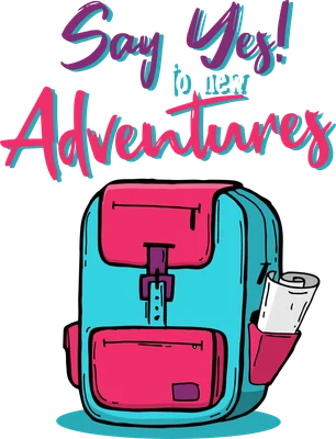 Hình minh họa balo du lịch màu xanh dương và hồng với dòng chữ "Say Yes to New Adventures"
