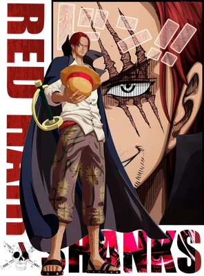 Hình ảnh Shanks Tóc Đỏ từ One Piece, cầm mũ rơm, với vết sẹo trên mắt và chữ 'RED HAIR SHANKS' lớn.