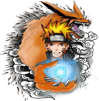 Hình ảnh Naruto Uzumaki cùng Cửu Vĩ Kurama, tay cầm Rasengan xanh dương.