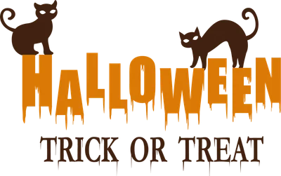 Hình ảnh minh họa Halloween với hai chú mèo đen đứng trên chữ "HALLOWEEN" và dòng chữ "TRICK OR TREAT" bên dưới.