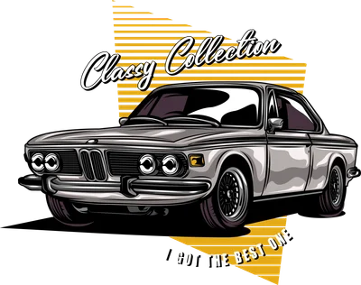 Hình ảnh minh họa xe BMW cổ điển màu bạc với phong cách retro, có chữ 'Classy Collection' và 'I GOT THE BEST ONE'.