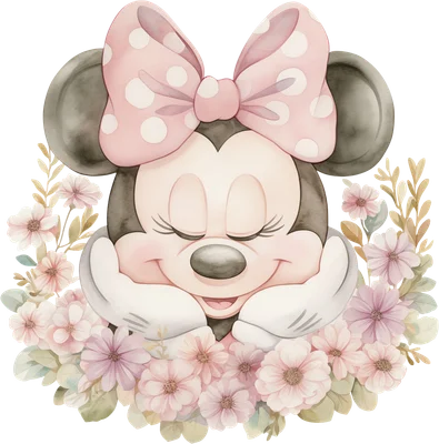 Hình ảnh Minnie Mouse hoạt hình dễ thương đang ngủ say, được bao quanh bởi những bông hoa và lá cây màu pastel theo phong cách màu nước.