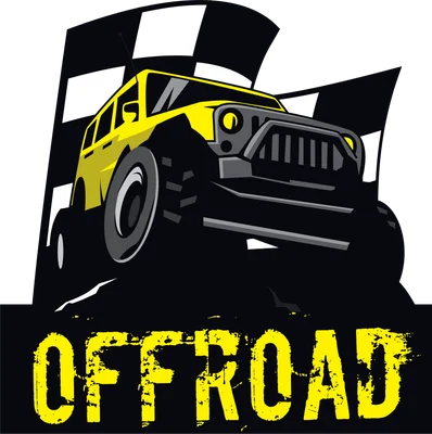Hình minh họa xe địa hình Offroad màu vàng với cờ đua sọc trắng đen phía sau, chữ "OFFROAD" màu vàng.
