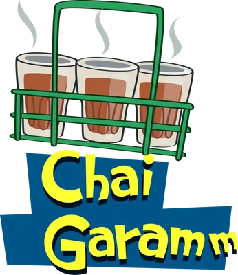 Hình minh họa ba ly trà nóng bốc khói đặt trong giỏ màu xanh lá, kèm chữ 'Chai Garam' màu vàng.