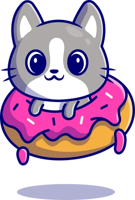 Hình ảnh minh họa mèo xám trắng dễ thương ngồi bên trong bánh donut hồng phủ kem