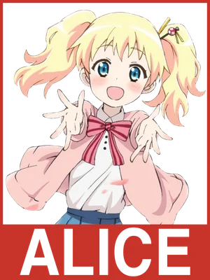 Hình ảnh cô bé Alice tóc vàng hai bím, mặc áo hồng, đeo nơ, biểu cảm vui vẻ, có chữ ALICE phía dưới.
