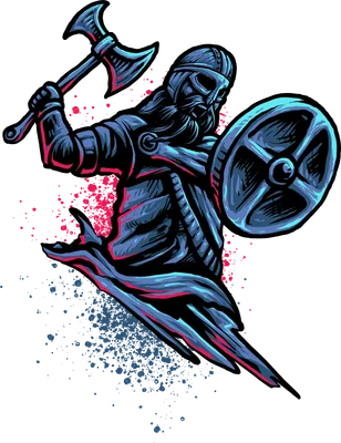 Hình ảnh minh họa chiến binh Viking đội mũ trụ, cầm rìu chiến và khiên, với hiệu ứng màu neon xanh và hồng.