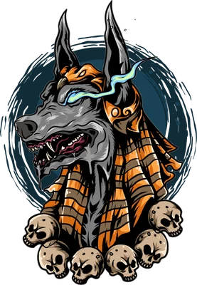 Hình minh họa thần Anubis Ai Cập với đôi mắt phát sáng và các đầu lâu xung quanh, phong cách nghệ thuật tối tăm