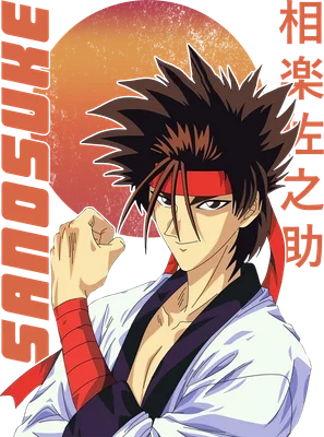 Hình ảnh nhân vật anime nam mặc trang phục samurai, tóc nâu dựng, đeo băng đô đỏ, nắm tay.