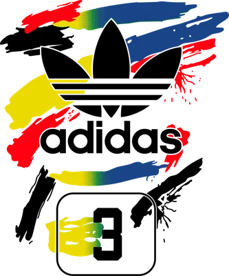 Logo Adidas với biểu tượng ba lá và chữ 'adidas' trên nền xám, có các nét vẽ graffiti màu đỏ, vàng, xanh dương, đen và số 3 trong khung vuông.