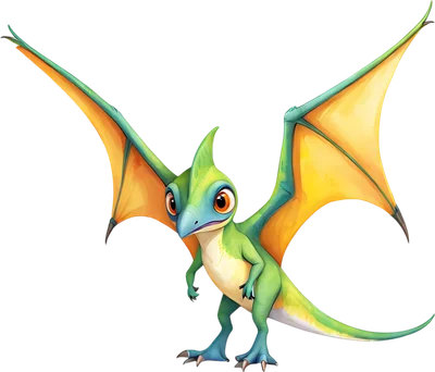 Hình ảnh hoạt hình khủng long bay Pterodactyl màu xanh lá cây, xanh dương và vàng cam với đôi mắt to tròn, dáng đứng ngộ nghĩnh.