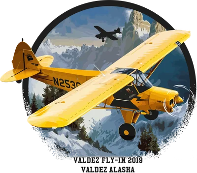 Hình minh họa máy bay màu vàng bay trên dãy núi tuyết Valdez Alaska phong cách retro