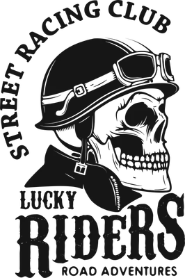 Hình minh họa đầu lâu đội mũ bảo hiểm và kính phi công, với dòng chữ 'Street Racing Club' và 'Lucky Riders'.