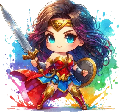 Hình ảnh Wonder Woman chibi dễ thương với trang phục đỏ xanh vàng, cầm kiếm và khiên, nền màu nước sặc sỡ.