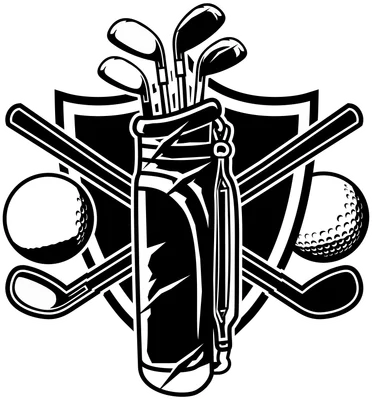 Hình ảnh minh họa bộ gậy và bóng golf, túi golf và khiên chắn, phong cách vector đen trắng.