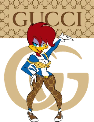 Hình ảnh hoạt hình Woody Woodpecker mặc trang phục Gucci, tạo dáng thời trang trên nền logo Gucci.